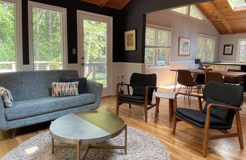 Harbert Cottage | 5 min to Warren Dunes! Private Wooded Retreat w/Sunroom, Firepit & Fireplace